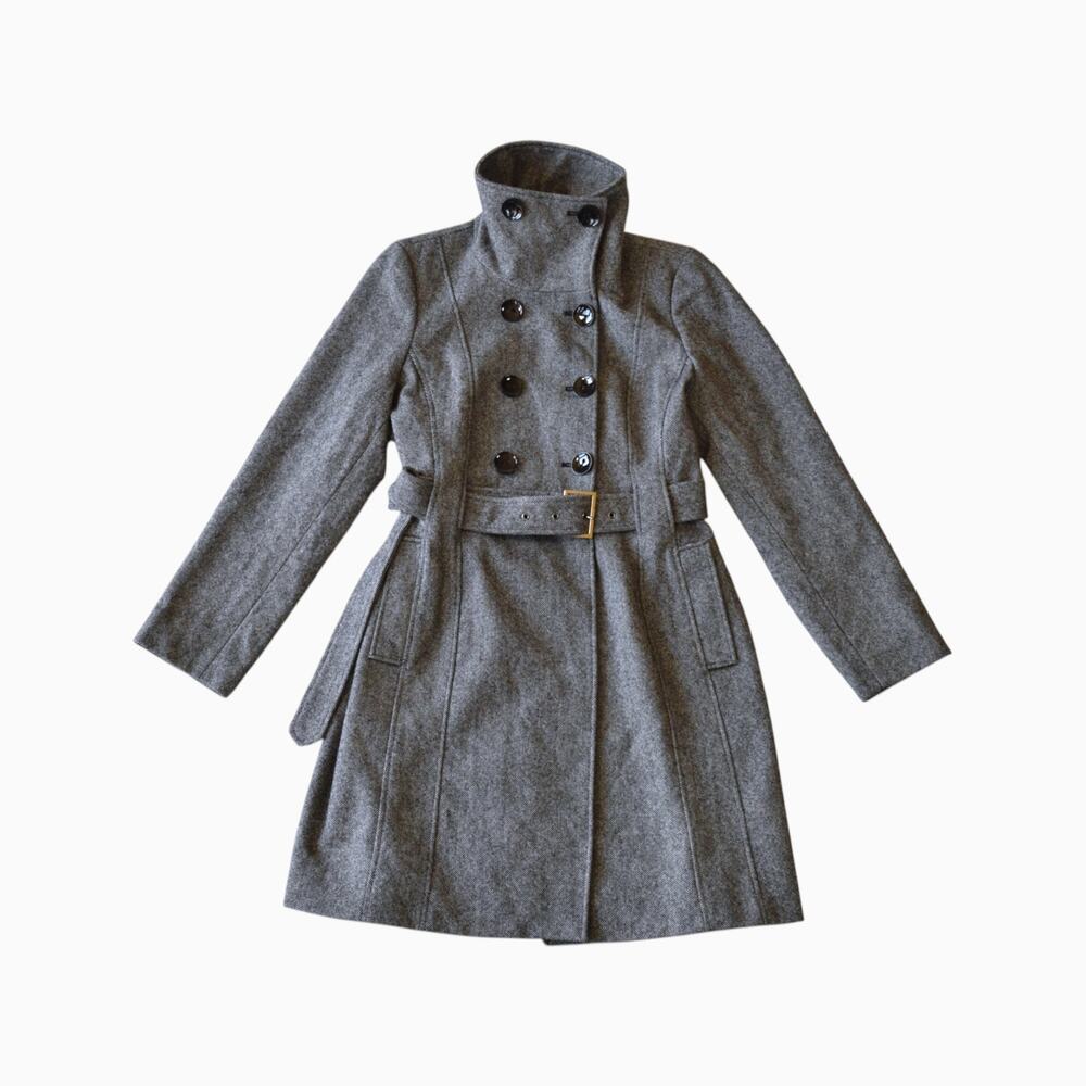Y2K Gray Wool Blend Military Double Breasted Trench Coat Large